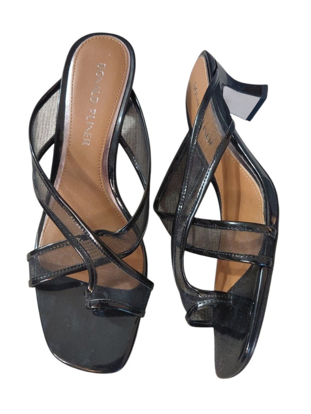 Donald J. Pliner Kiss Black Patent Nylon Mesh Strappy Mule Sandals Size 8.5 - Picture 1 of 11
